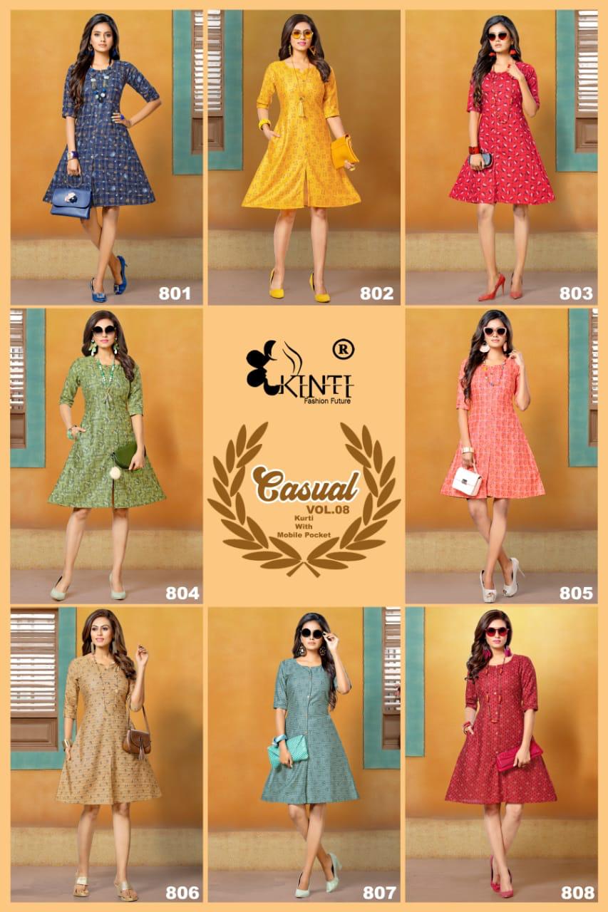 Kinti Casual 8 Latest fancy Designer Regular Wear Pocket Rayon Printed Kurtis Collection
